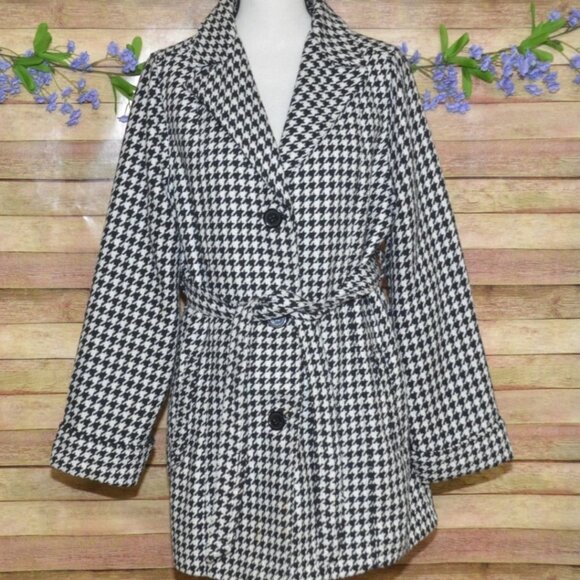 Jou Jou Womens 1X Belted Houndstooth Black & White Pea Coat Jacket Warm Stylish - Picture 1 of 13